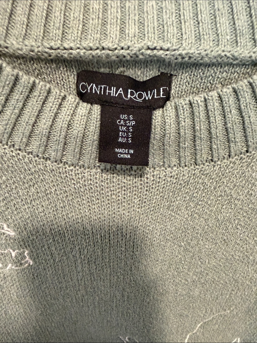 Cynthia Rowley Sage Green Knit Crewneck Sweater with White Floral Embroidery - Picture 2 of 8